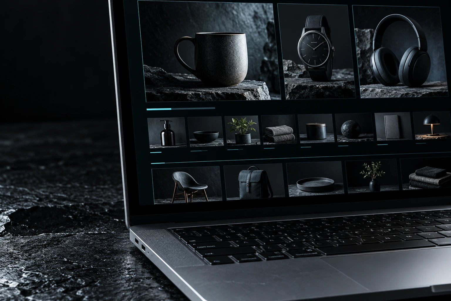 A close view of a product catalog on a graphite laptop, photographed on dark stone.