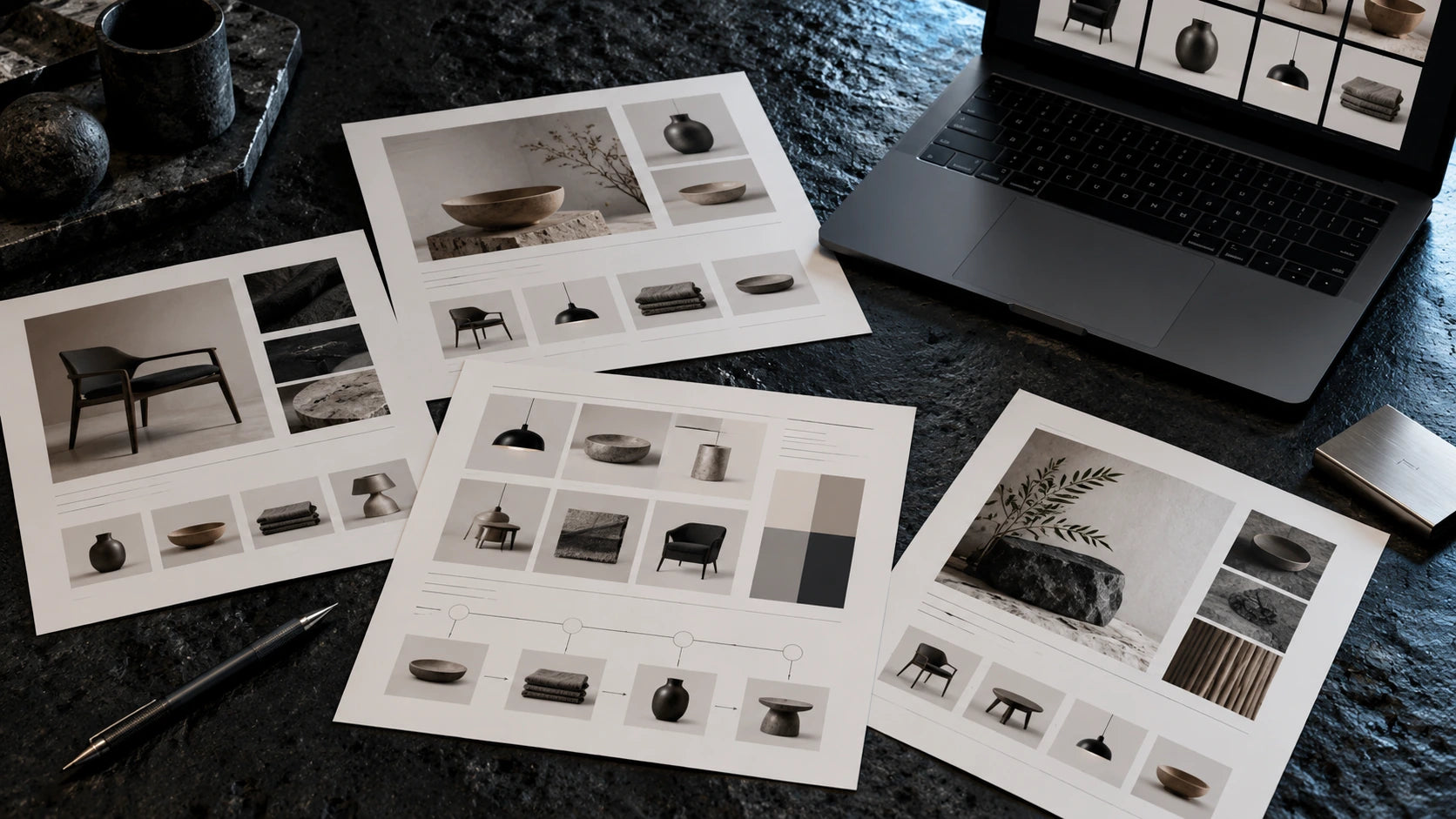Product catalog planning sheets and a laptop arranged on a dark stone work surface.