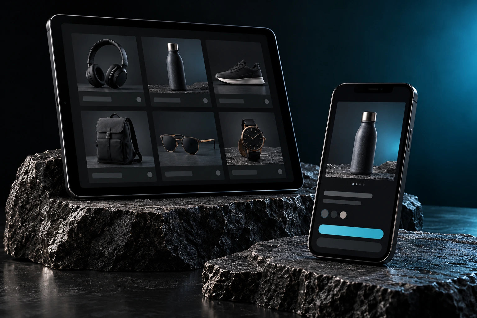 A tablet catalog and matching mobile product page on charcoal stone platforms.